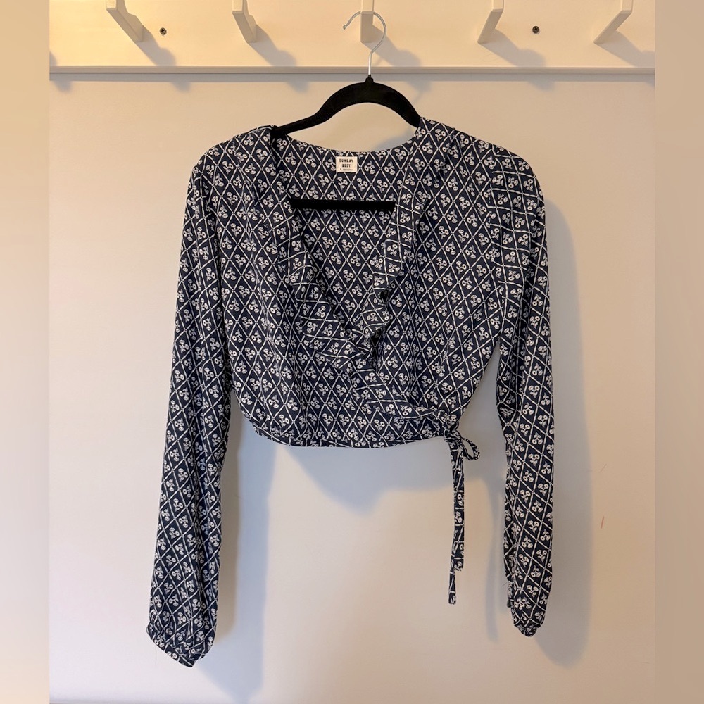 Sunday Best Navy and White Geometric Wrap Blouse